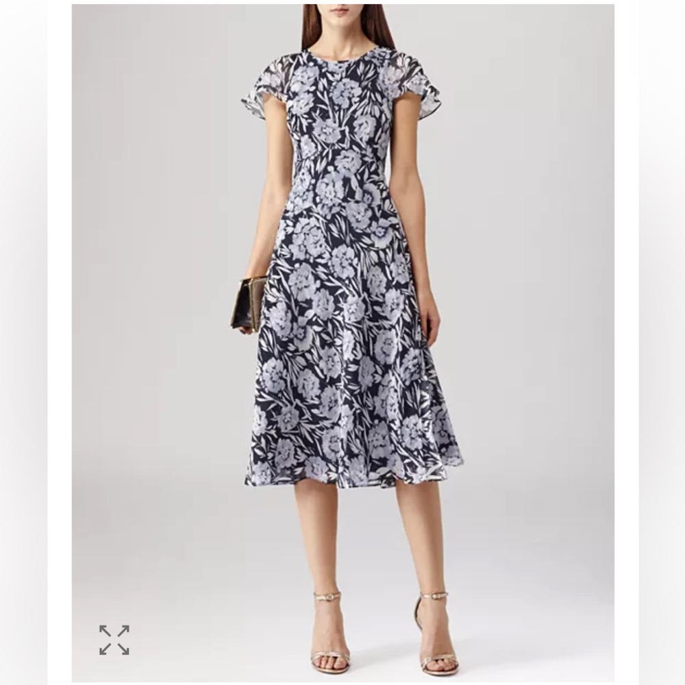REISS Gin Floral Print Flutter Sleeve Midi Dress